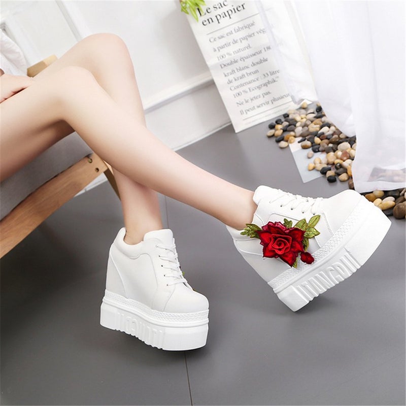 ACE SHOCK Women Fashion Platform Sneakers Wide Width High Hidden Heel Wedge Walking Shoes Flower (6, White) - Image 3